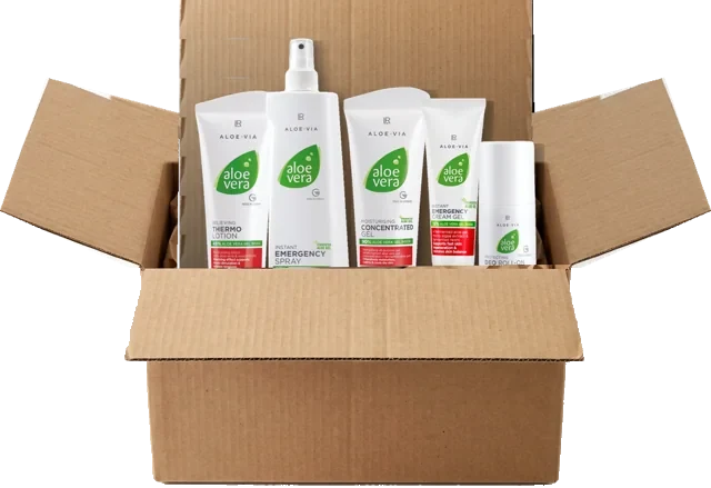 Offene Versandkiste mit LR Aloe-Vera-Produkten